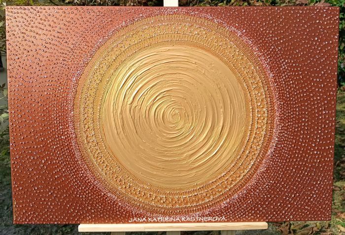 ... ZLATO - MĚDĚNÁ MANDALA - PŘÁNÍ ... - original, plátno 90x60cm, akryl s diamantovými křišťály