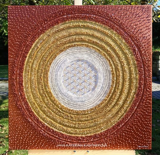 … ZLATO – MĚDĚNÁ MANDALA – PŘÁNÍ III. … - plátno 70x70cm, akryl s diamantovými křišťály