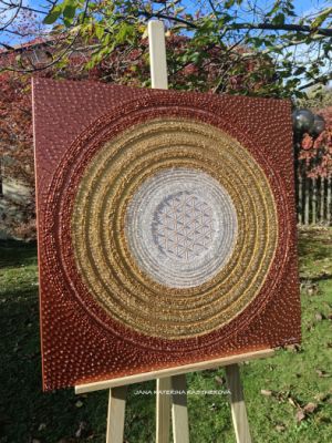 … ZLATO – MĚDĚNÁ MANDALA – PŘÁNÍ III. … - plátno 70x70cm, akryl s diamantovými křišťály