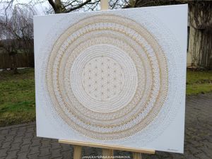 ... ZLATÁ MANDALA V BÍLÉ (peřině) ... - original, plátno 80x70cm, akryl s diamantovými křišťály